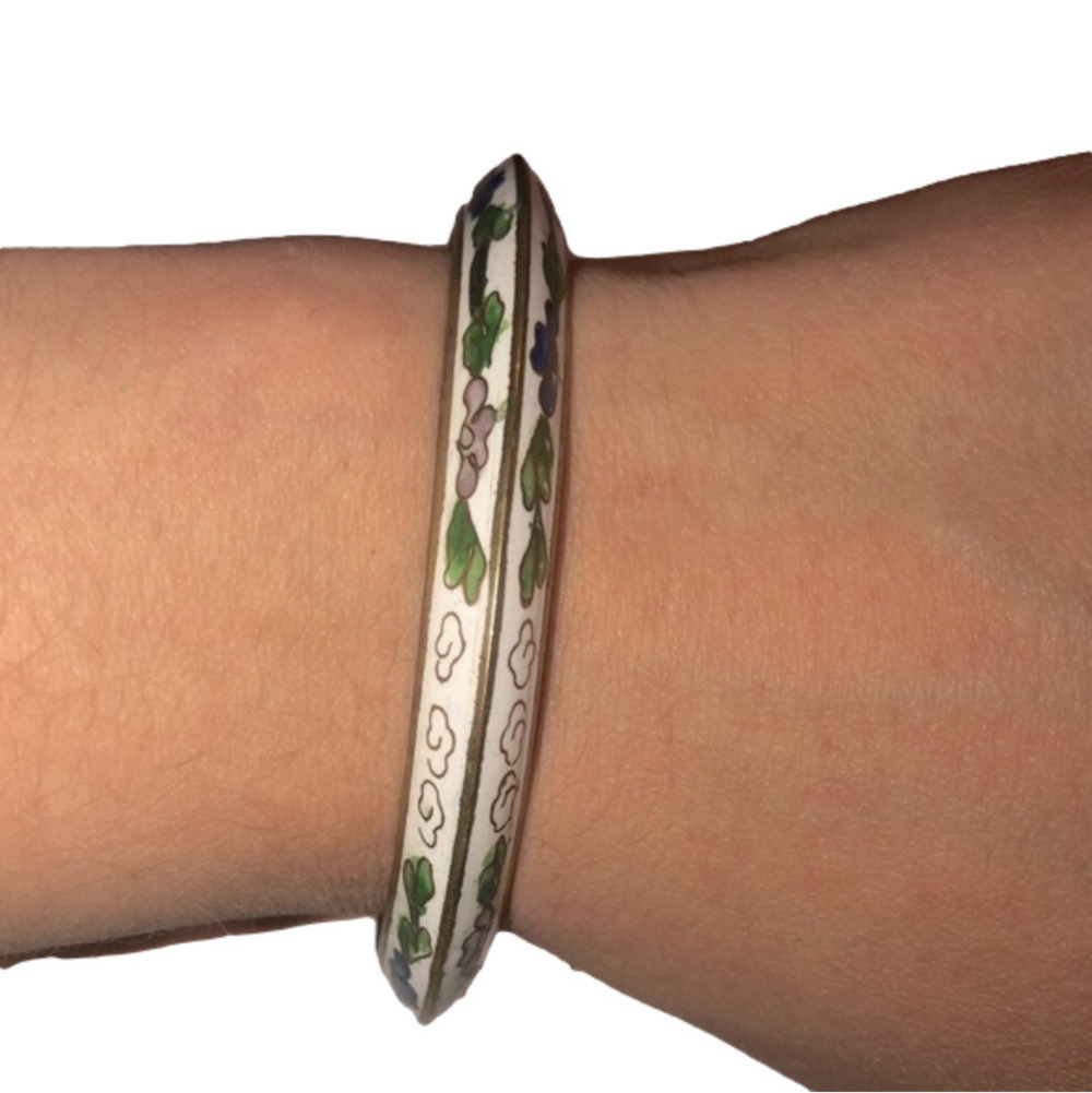 VTG Chinese Cloisonné Enamel Floral Edged Bangle 7.5”
